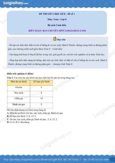 Đề thi giữa kì 2 Toán 8 - Đề số 1 - Cánh diều